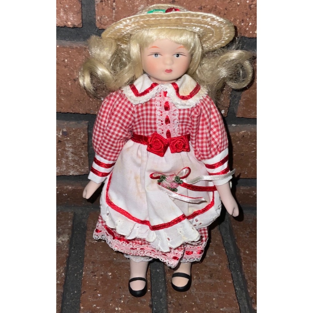 Vintage 8" Porcelain Doll Blonde Pigtails Red Gingham Dress Straw Hat
